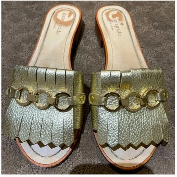Kate Spade Brie Gold Leather Kiltie Slide Sandals in Metallic size 6.5 - Picture 6 of 10